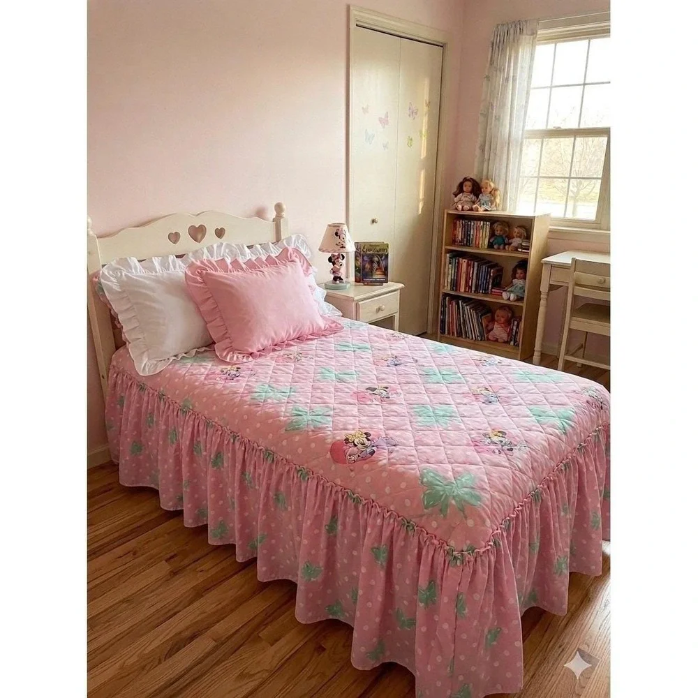 Vintage 90s Minnie Mouse Twin Bedspread Ruffle Coverlet Quilt Pink Polka Dot